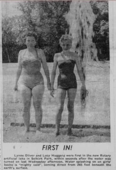 Picture of the first two people to take a dip in the Selkirk Park pool