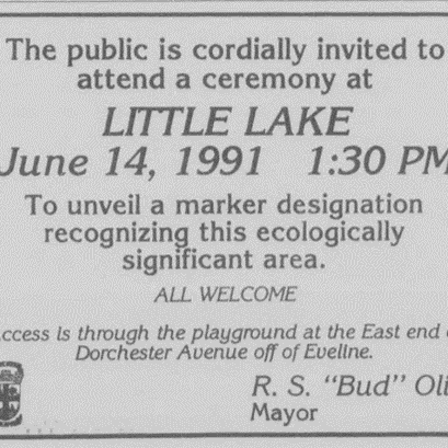 An advertisement for people to come see Little Lake be recognized as an ecological significant area by Bud Oliver.