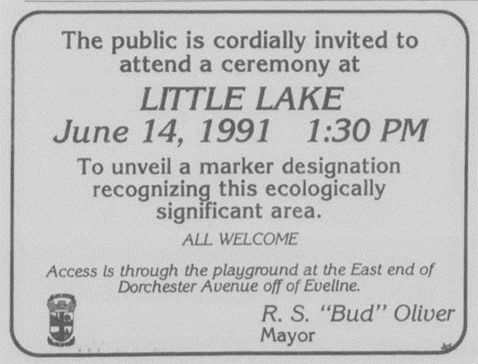An advertisement for people to come see Little Lake be recognized as an ecological significant area by Bud Oliver.