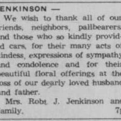 Mrs. Robert John Jenkinson Thank You for Offerings, 1957, Selkirk Enterprise Mrs. Robert John Jenkinson Thank You for Offerings at her husbands funeral