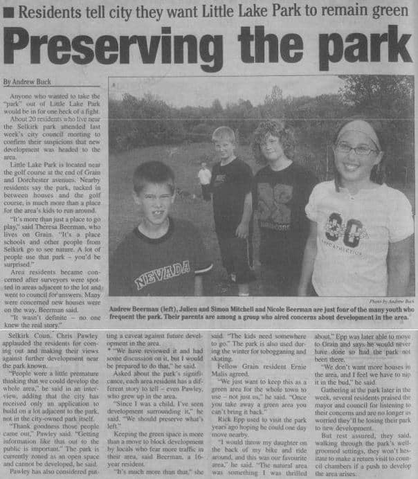 Citizens of Selkirk wanting Little Lake Park to be preserved.