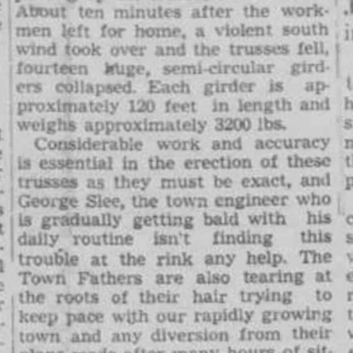 Weather Raises H-a-v-o-c With New Rink, 1949, Selkirk Enterprise Newspaper article on how the difficulties with the construction of the Selkirk Arena