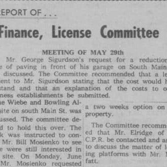 Bowling Alley Site Committee Meeting, 1961, Selkirk Enterprise Newspaper article for the report of the finance, license committee to see if Mr. Bill Mosienko was still interested in the bowling alley site