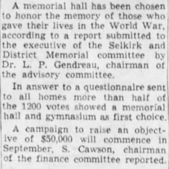 Newspaper article talking about Selkirk choosing to make a Memorial Hall.