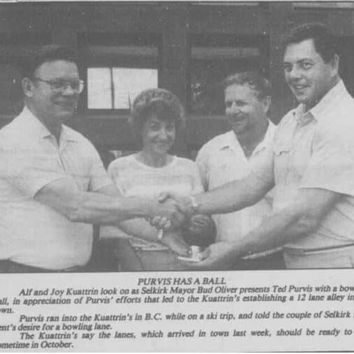 Presenting Ted Purvis with a Bowling Ball for His Efforts to Establishing a 12 Alley Lane, 1987, Selkirk Journal Newspaper article of Bud Oliver presenting Ted Purvis a bowling ball for Ted's accomplishment in bringing a 12 lane bowling alley to Selkirk