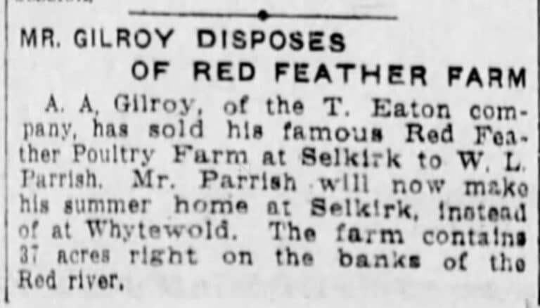 Newspaper article about Mr. Gilroy selling Red Feather Farm.