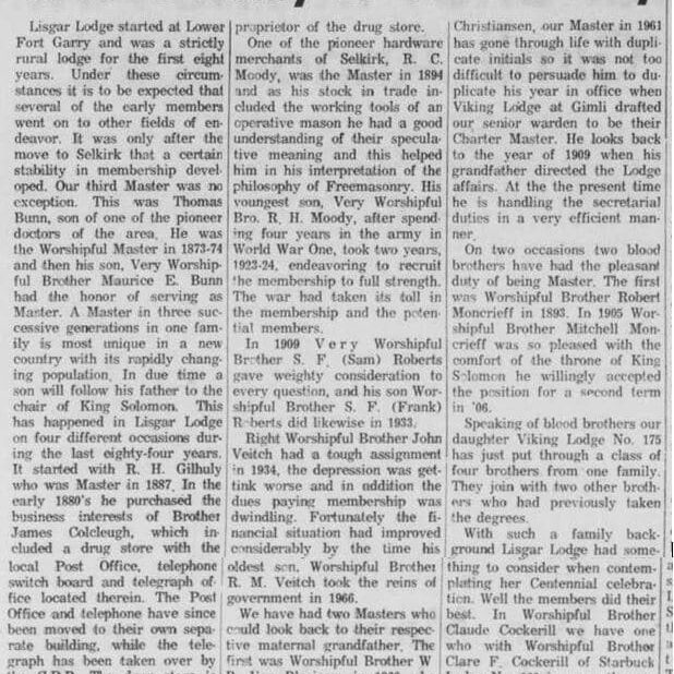 Newspaper article on the celebration of the Selkirk Masonic Lodge's 100 birthday.