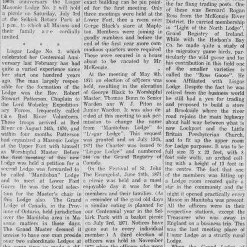 Newspaper article on the celebration of the Selkirk Masonic Lodge's 100 birthday.
