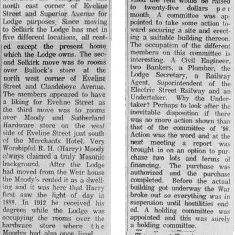Newspaper article on the celebration of the Selkirk Masonic Lodge's 100 birthday.