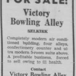 For Sale Victory Bowling Alley, 1952, Selkirk Enterprise Ad for the sale of Victory Bowling Alley