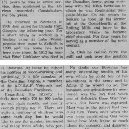 Librarian Matt Bennet Has Had Interesting Career, 1957, Selkirk Enterprise Article on Matt Bennet's Library career