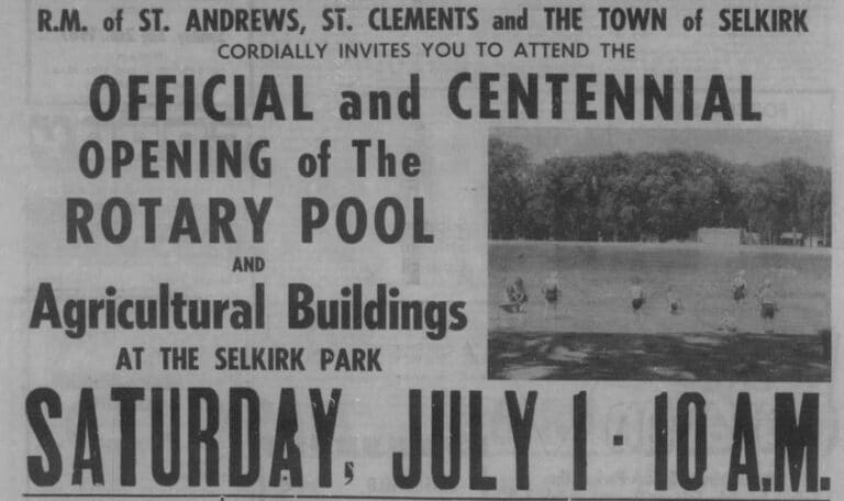 Newspaper advertisement for the opening of the Selkirk Park Pool (Rotary Lake).