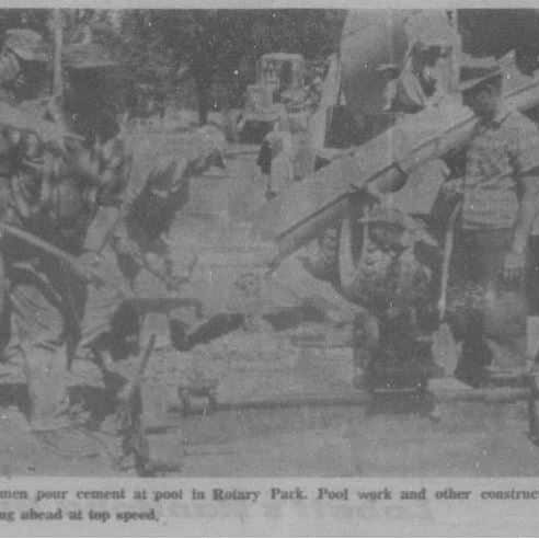 Pouring Cement in Rotary Park, 1966, Selkirk Enterprise Repairs being done to the Selkirk Pool. Pouring concrete on the bottom to reinforce it.