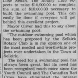 Mayor S. Oliver Endorses Rotary Club Swim Pool Project, 1953, Selkirk Enterprise Mayor Steve Oliver endorsing the Rotary Lake pool project.