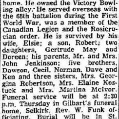 Robert John Jenkinson Obituary, 1957, Winnipeg Free Press Obituary for the owner for Victory Bowling Alley Robert John Jenkinson