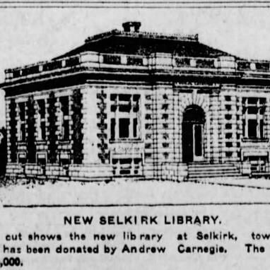 New Selkirk Library, 1908, Winnipeg Tribune Illustrated version of the Selkirk Public library. Showing off the bricks and windows all around with building. Including the large doors in the front.