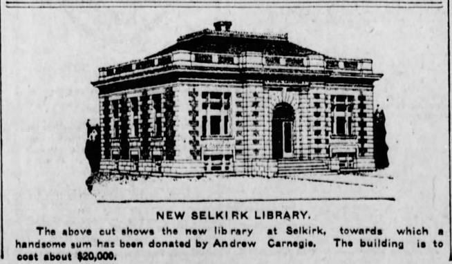 Illustrated version of the Selkirk Public library. Showing off the bricks and windows all around with building. Including the large doors in the front.