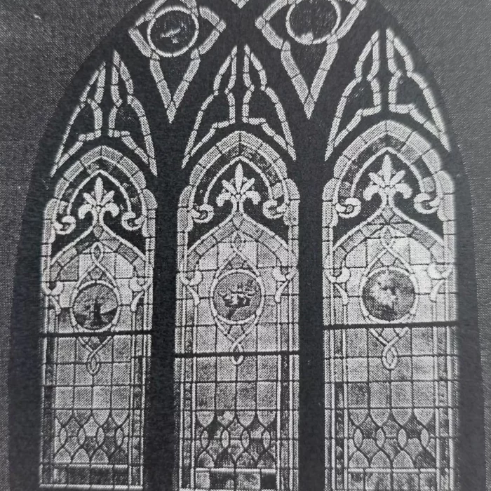 Black and white photo of a stained glass window