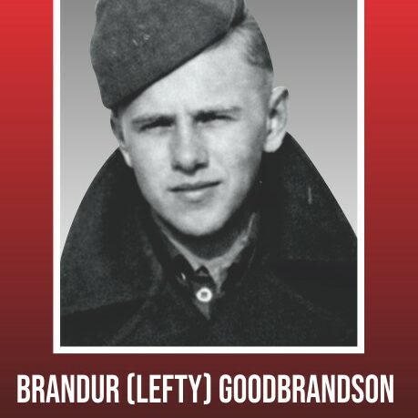 Colour photo of a world war two veteran on a red banner background