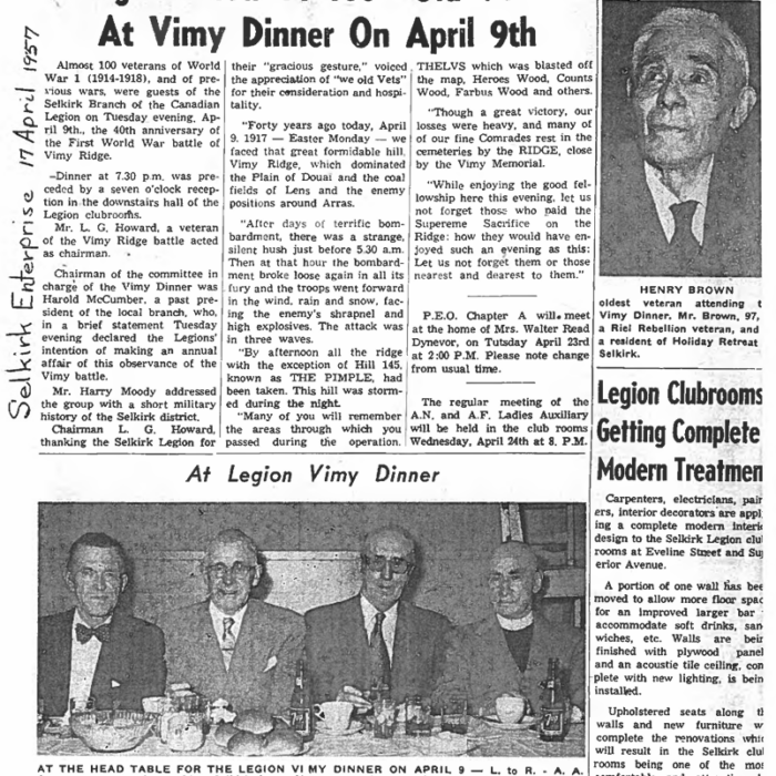 Legion Hosts to 100 Old Vets at Vimy Dinner on April 9th