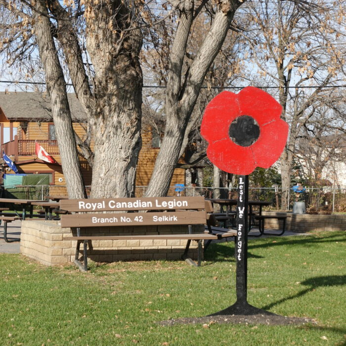 Colour photo of a park with a metal poppy monument in the foreground. There is a park bench in the background