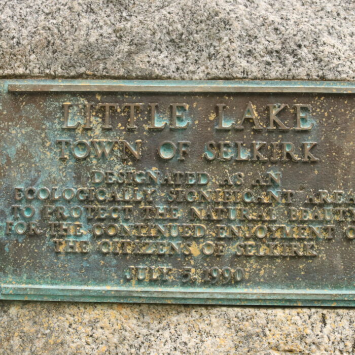 Colour image of a metal plaque on a stone at Little Lake Park