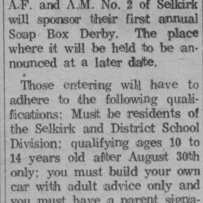 Local Announcement of Lisgar Manor to Sponsor Soap Box Derby