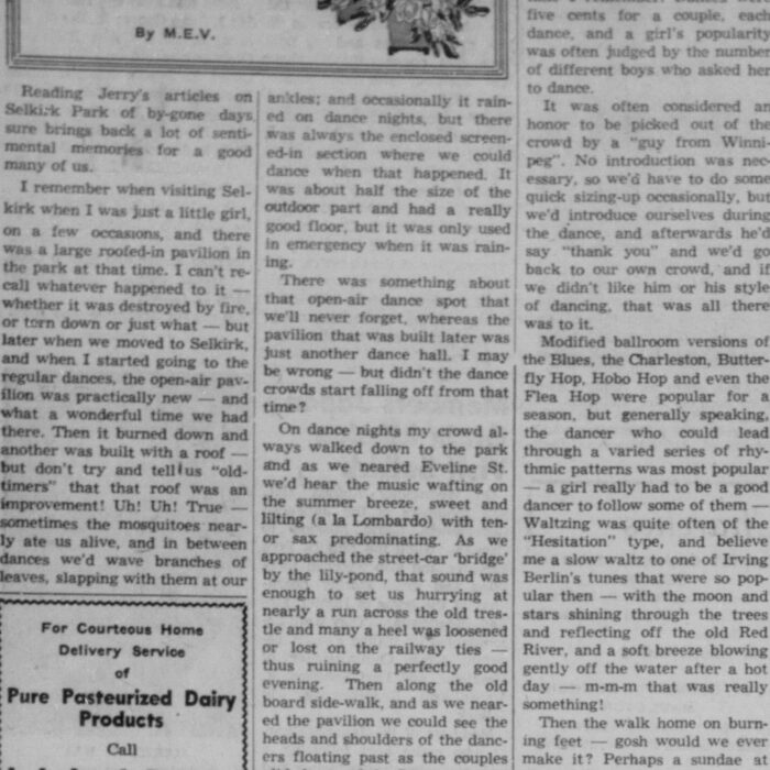 Mabel's Column on Her Memories at the Selkirk Park Pavilion, 1955, Selkirk Enterprise Mabel's Column on Her Memories at the Selkirk Park Pavilion