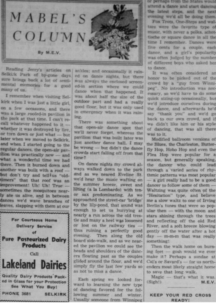 Mabel's Column on Her Memories at the Selkirk Park Pavilion