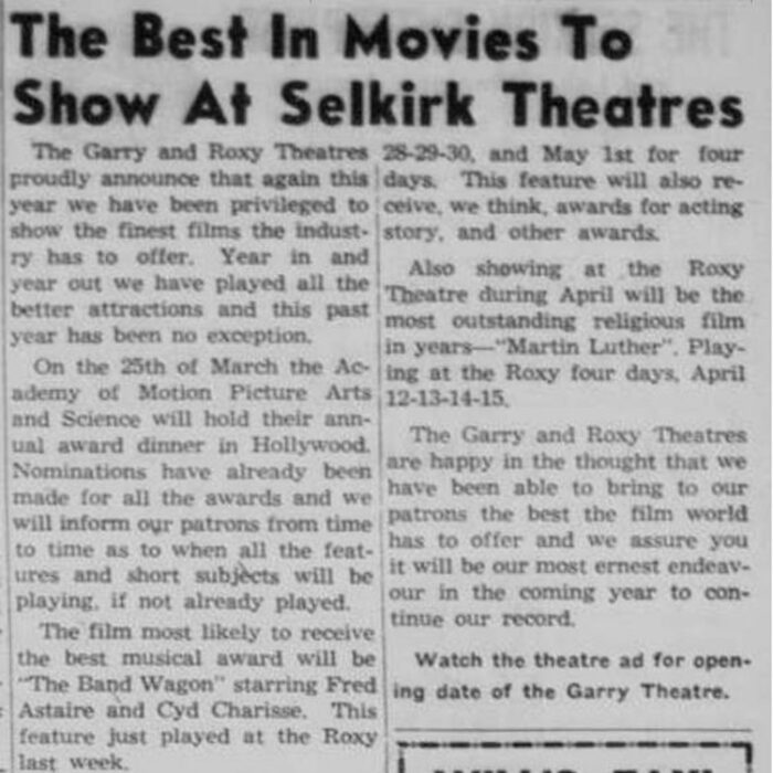 Newspaper article filled with film suggestions to play at the Garry Theatre