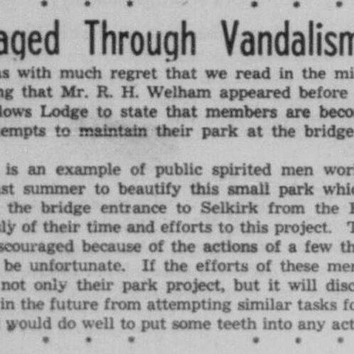 Discouraged Through Vandalism, 1953, Selkirk Enterprise Newspaper article acknowledging vandalism at Queens Park.
