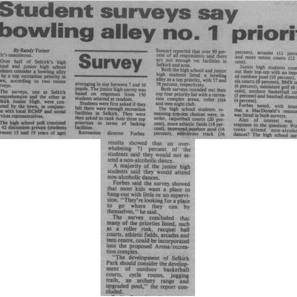 Student Surveys Says Bowling Alley No. 1 Priority, 1986, Selkirk Journal Newspaper addressing how students in Selkirk want a bowling alley through survey