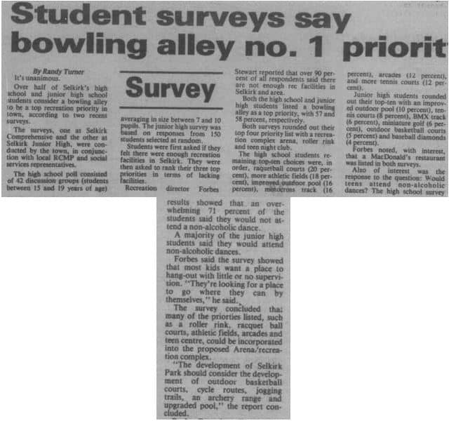 Newspaper addressing how students in Selkirk want a bowling alley through survey
