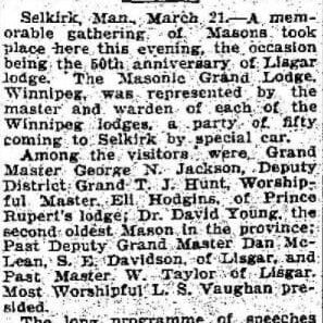 Fiftieth anniversary of the Selkirk Masonic Hall.
