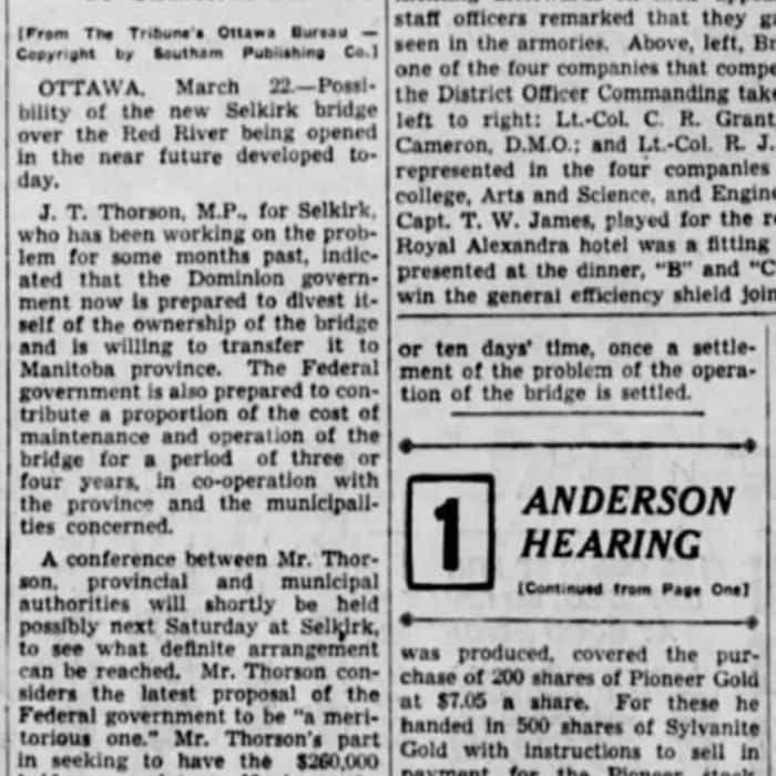 Federal Government May Permit Opening of Selkirk Bridge, 1937, Winnipeg Tribune Newspaper article titled federal government may permit opening of Selkirk bridge