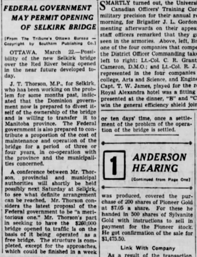 Federal Government May Permit Opening of Selkirk Bridge, 1937, Winnipeg Tribune