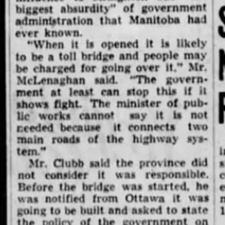 Action Requested to Terminate Selkirk's Closed Bridge Fiasco, 1937, Winnipeg Tribune Newspaper article titled action requested to terminate Selkirk's closed bridge fiasco