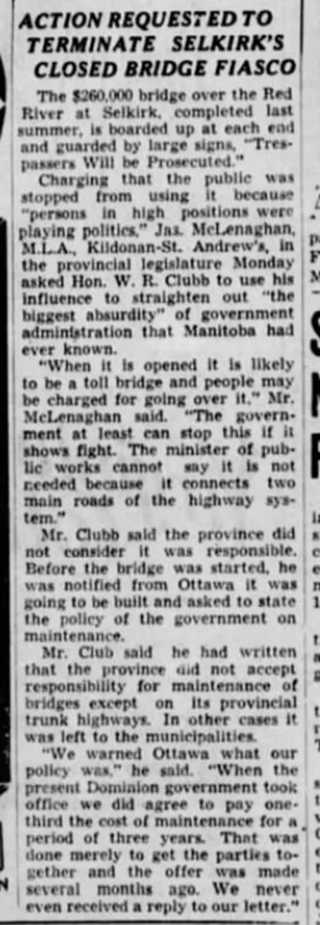 Action Requested to Terminate Selkirk's Closed Bridge Fiasco, 1937, Winnipeg Tribune