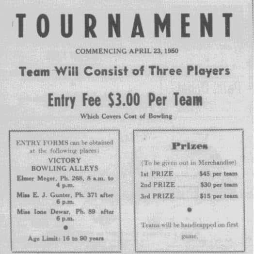Recreational Bowling Club Mixed Tournament, 1950, Selkirk Enterprise Ad for a mixed bowling tournament with an entry fee of $3.00 per team