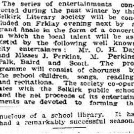Concert at Selkirk Public Library, 1901 Winnipeg Free Press Entertainment held by the Selkirk Literary Society