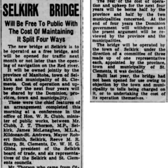 Pact Paves Way for Opening of Selkirk Bridge, 1937, Winnipeg Tribune Newspaper article titled pact paves way for opening of Selkirk bridge