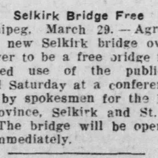 Selkirk Bridge Free, 1937, Brandon Sun Newspaper article titled Selkirk bridge free