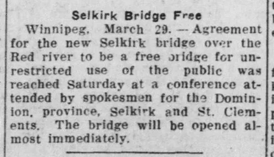 Selkirk Bridge Free, 1937, Brandon Sun