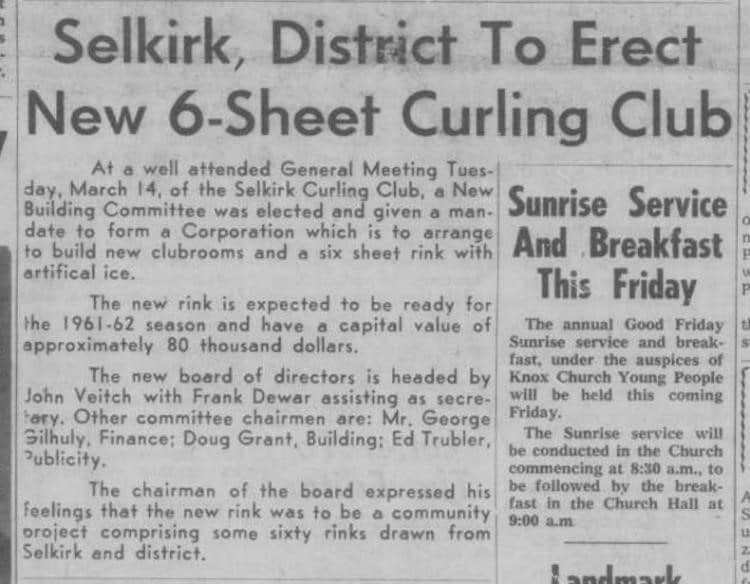 Newpaper article on the Selkirk building a new 6-Sheet curling club