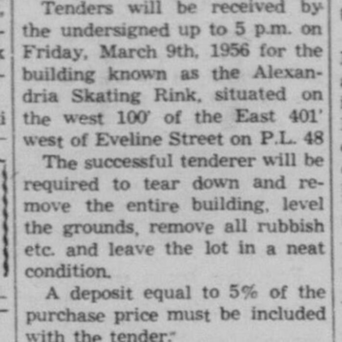 Town of Selkirk Tender for Building for Wreaking, 1956, Selkirk Enterprise Tender to remove the old skating rink building