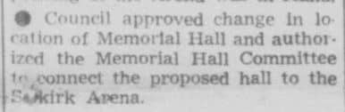 Small Newspaper article saying that Memorial Hall is approved by council.