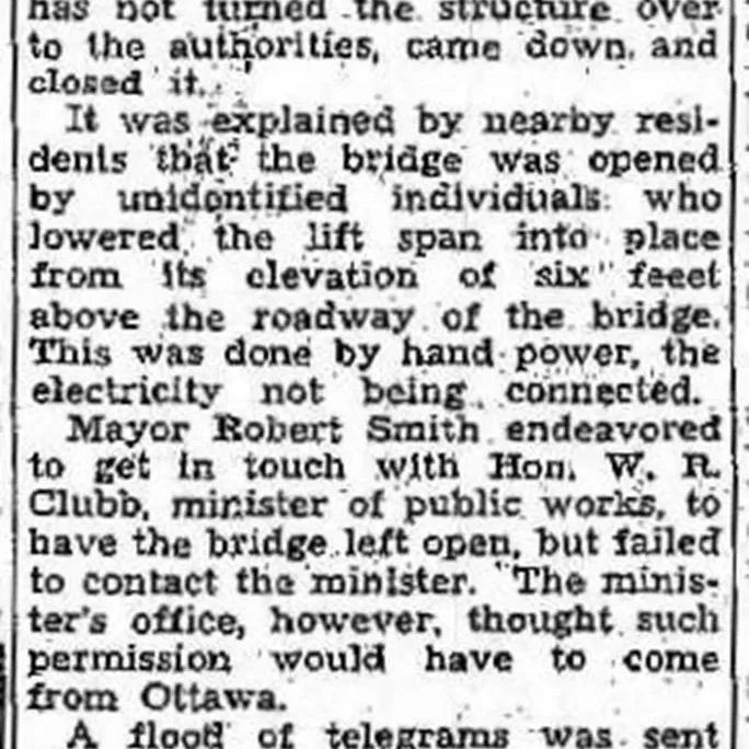 New Selkirk Bridge Opens Mysteriously, 1937, Winnipeg Free Press Newspaper article titled new Selkirk bridge opens mysteriously