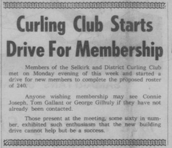 Article about the Curling club starting a Drive for Membership.