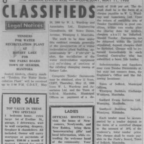 Tenders for Water Recirculation Plant at Rotary Lake, 1966, Selkirk Enterprise Tenders for water re-circulation plant at Rotary Lake.