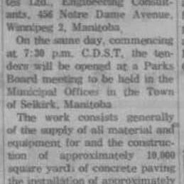 Tenders for Concrete Paving and Drainage In Rotary Lake, 1965, Selkirk Enterprise Tenders for concrete bottom and drainage system to be added to the Selkirk Pool.